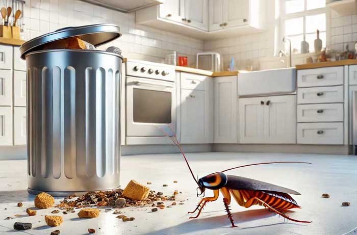 Κατσαρίδα σε κάδο απορριμμάτων με ανοιχτό καπάκι.