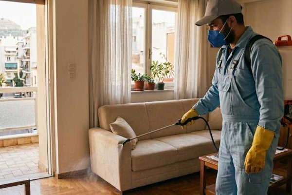 Τεχνικός πραγματοποιεί ΑΠΟΛΥΜΑΝΣΗ ΔΙΑΜΕΡΙΣΜΑΤΟΣ με υπολειμματικό ψεκασμό.