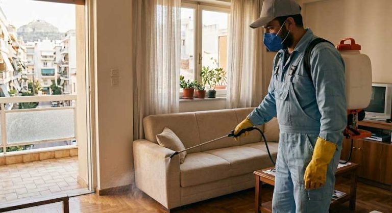 Τεχνικός πραγματοποιεί ΑΠΟΛΥΜΑΝΣΗ ΔΙΑΜΕΡΙΣΜΑΤΟΣ με υπολειμματικό ψεκασμό.